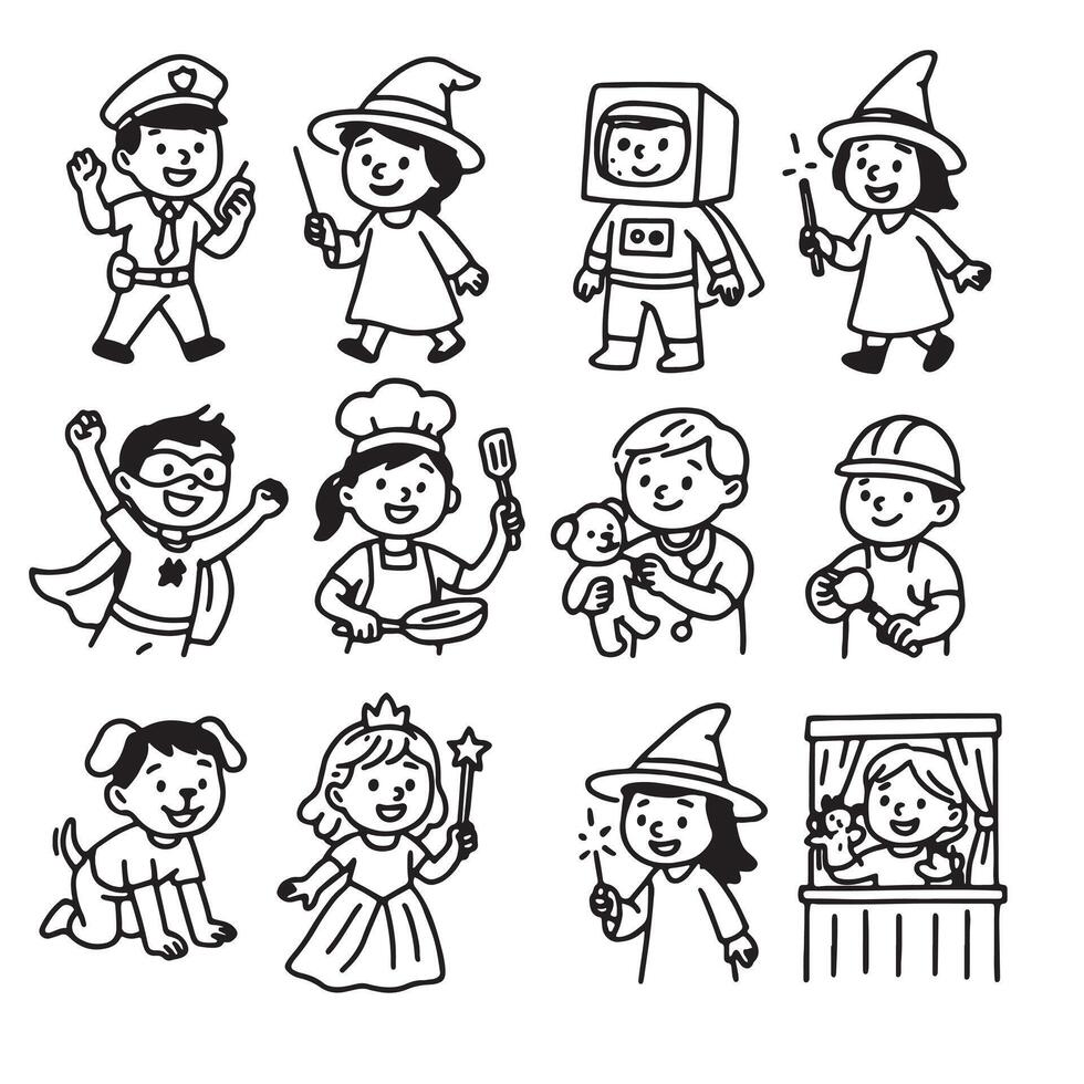 HandDrawn Pretend Play Icons for Kids Black and White Line Set vector