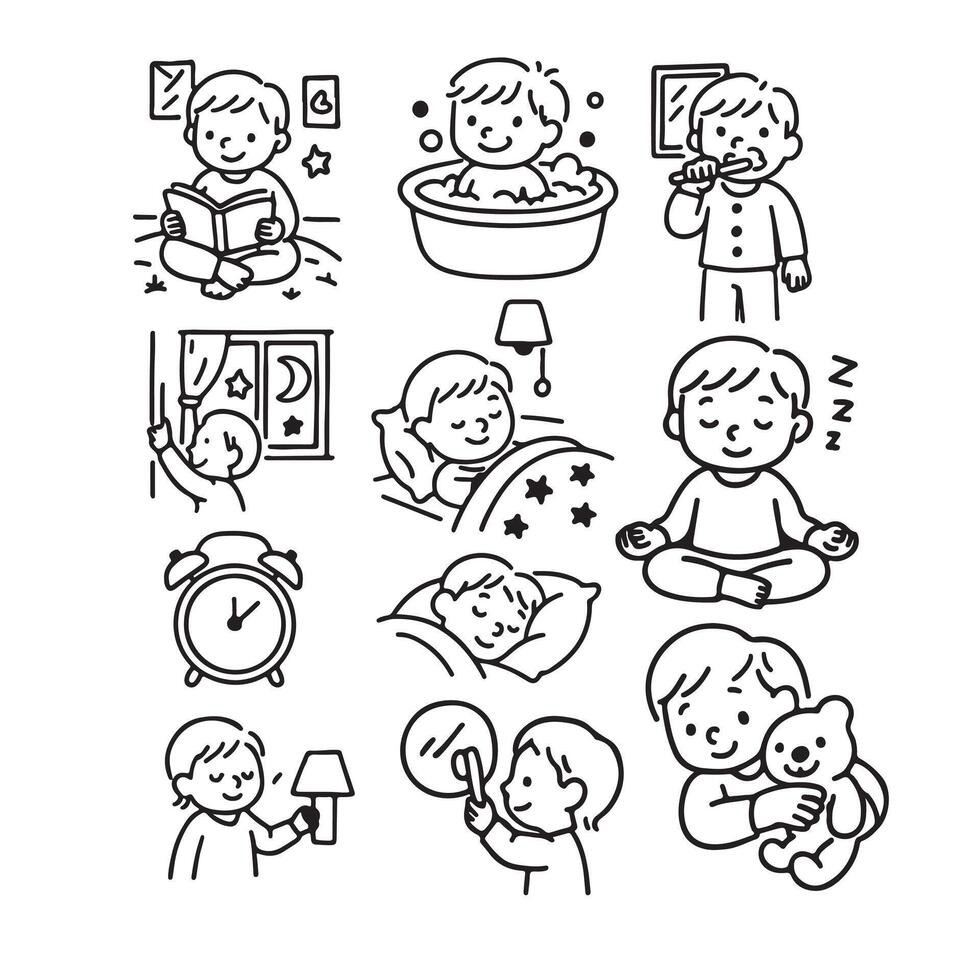 Hand Drawn Bedtime Routine Icons for Kids Black and White Line Set vector