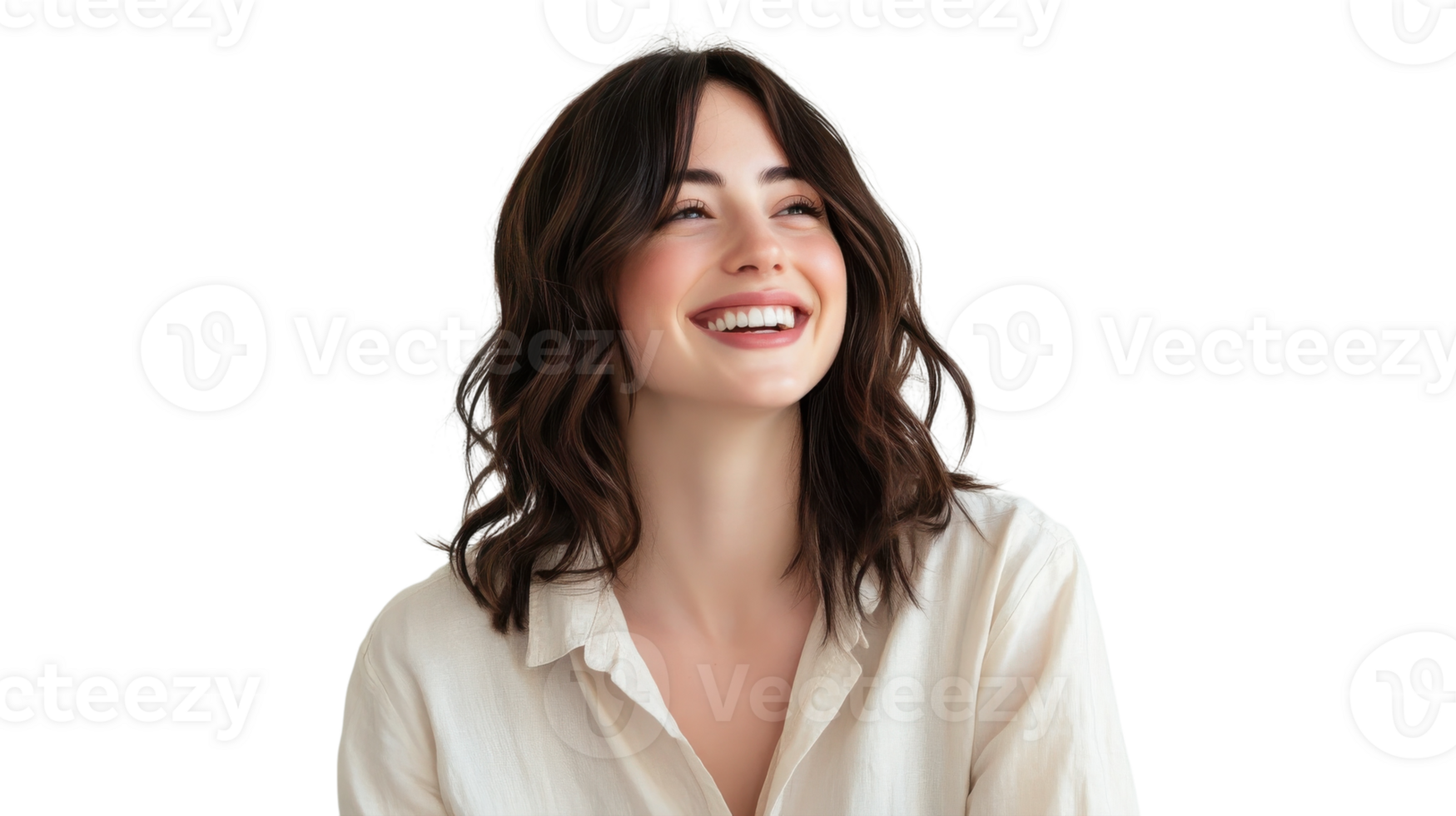 Smiling woman with wavy hair wearing a light shirt, expressing joy and happiness against a plain background png