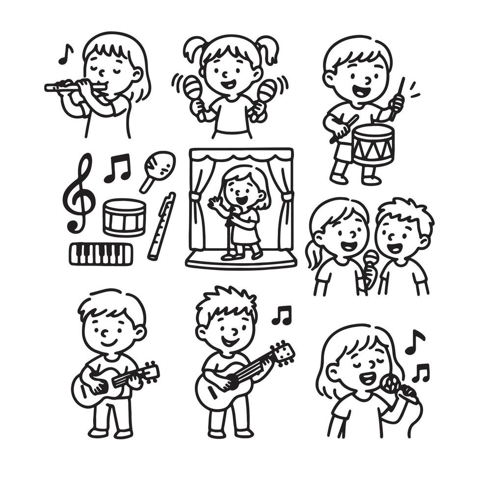 Hand-Drawn Music Icons Black and White Kids Singing and Playing Instruments vector