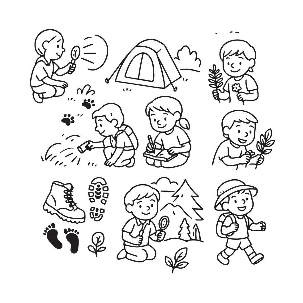 Hand Drawn Nature Exploration Hiking Icons for Kids Black and White Set vector