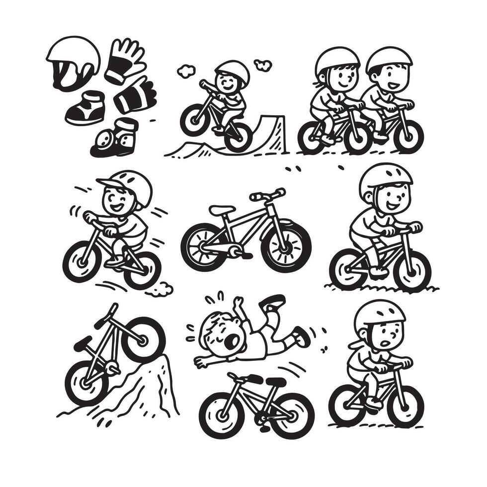 Hand-Drawn BMX and Mountain Biking Icons Black and White Line Art of Kids Riding Bikes vector