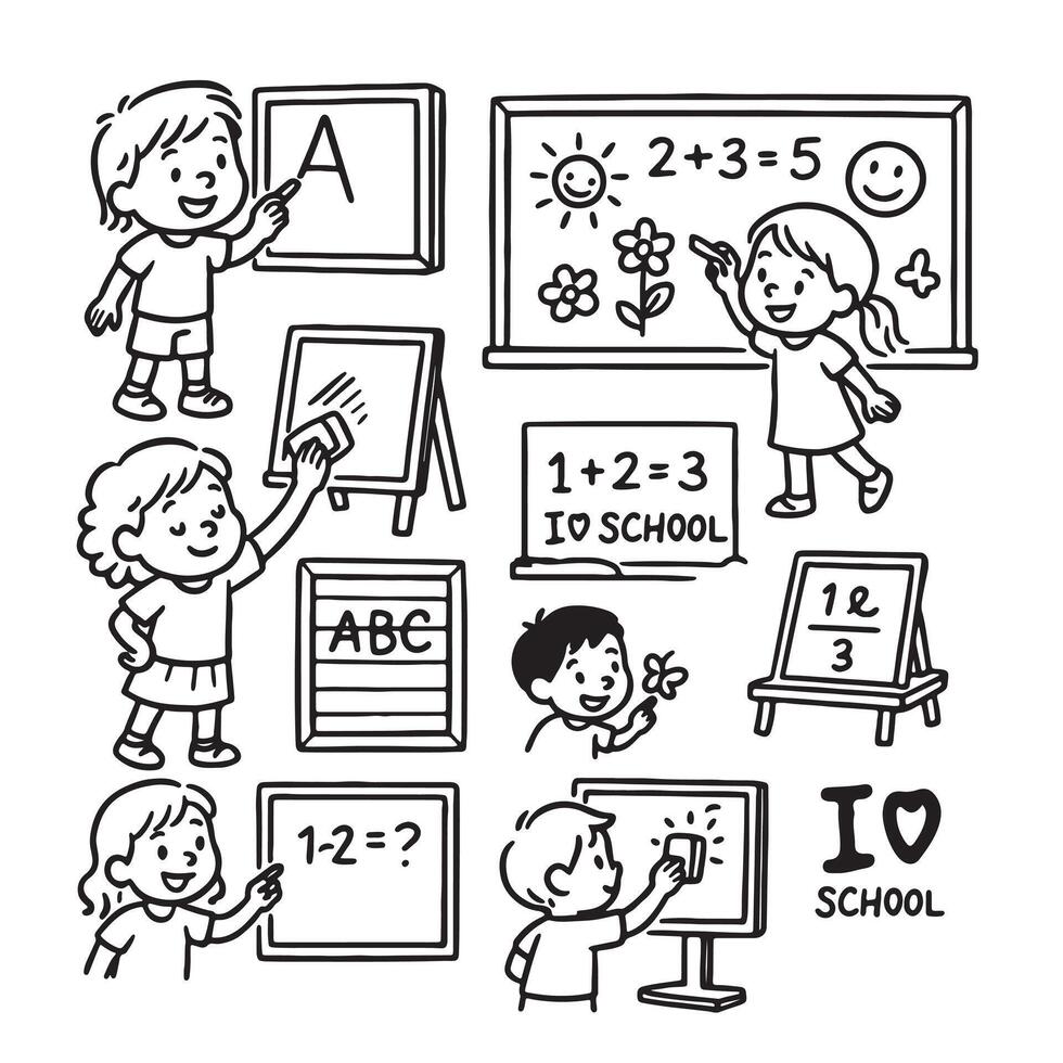 Whiteboard Activity Icon Set Writing Drawing Line Art Icons vector