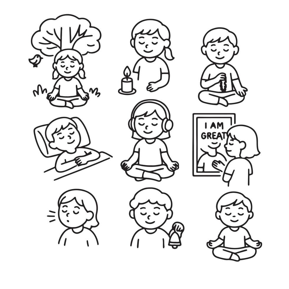 Kids Mindfulness Icon Set Meditation Calm Activities for Children vector