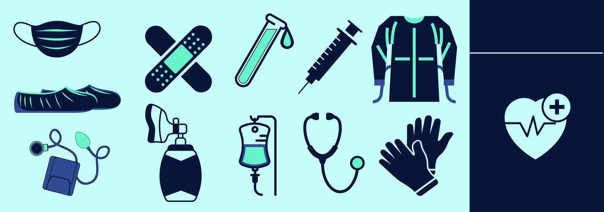 Set of icons for medical equipment with mask, scrubs, stethoscope, gloves, bandaid, blood tests, IV, heart monitor, heart beat, resuscitation bag, syringe. Editable icon elements, size and color. vector