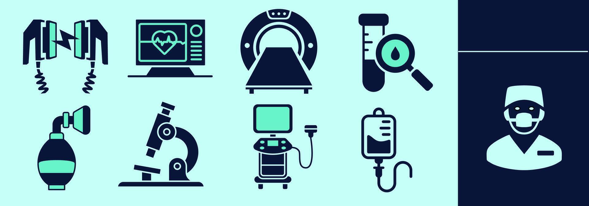 Set of icons for medical surgery with defibrillator, MRI machine, ultrasound machine, oxygen, microscope, blood tests, IV, heart monitor, doctor silhouette. Editable icon elements, size and color. vector