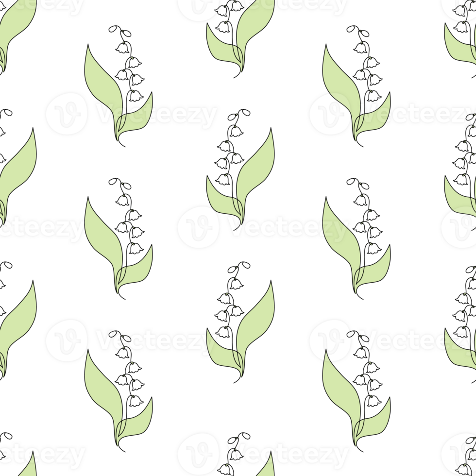 Seamless Pattern May Flower Lily of the Valley. One Continuous Line Drawing. png
