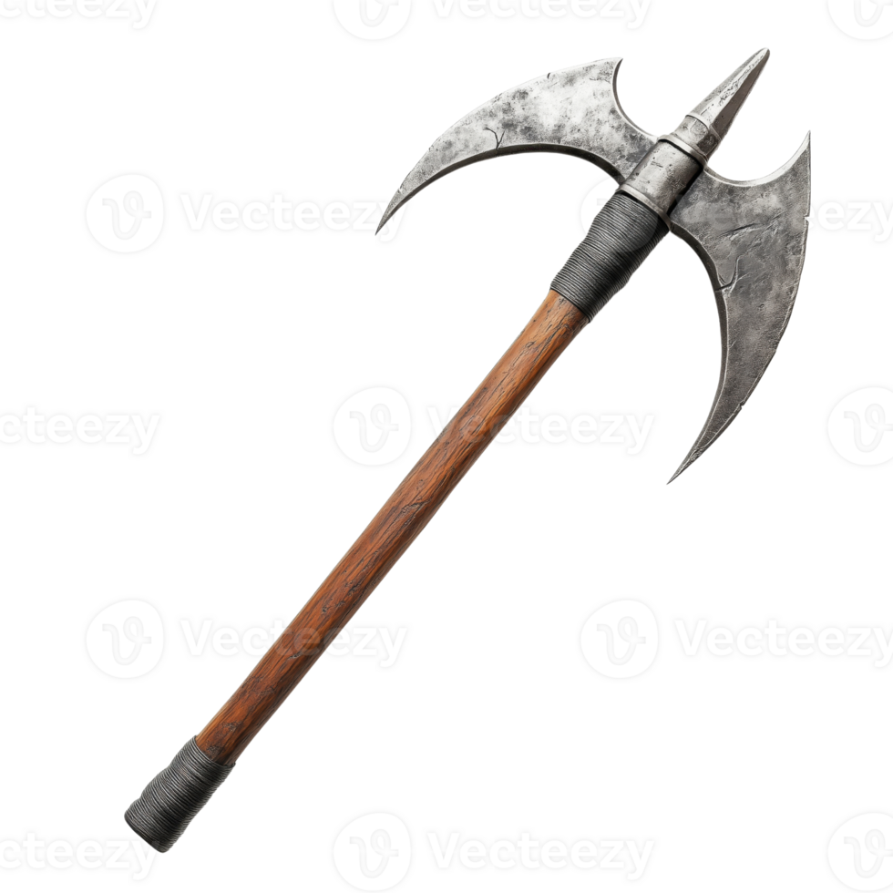 Traditional Battle Axe with Ornate Blade and Wooden Handle png