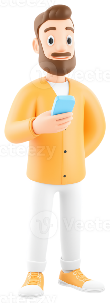 Casual Man Texting With Smartphone in Orange Attire png