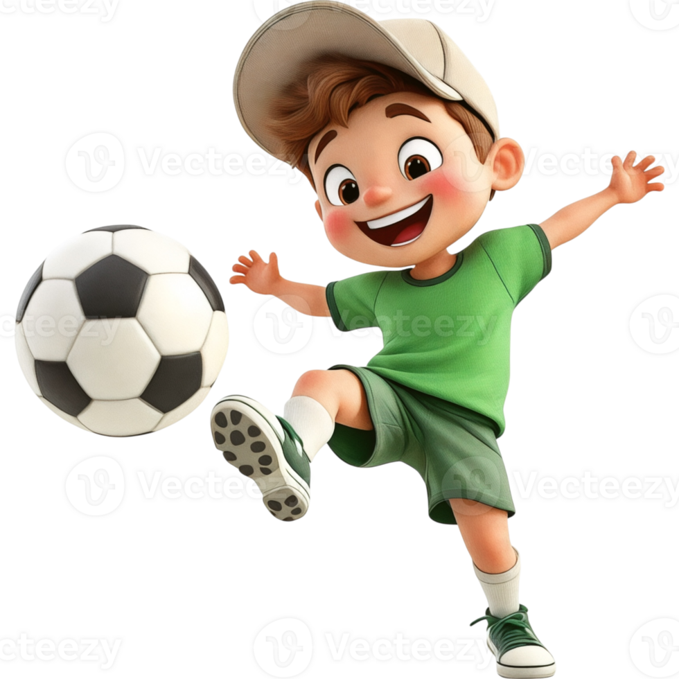 Dynamic Cartoon Boy Playing Soccer with Green Outfit png