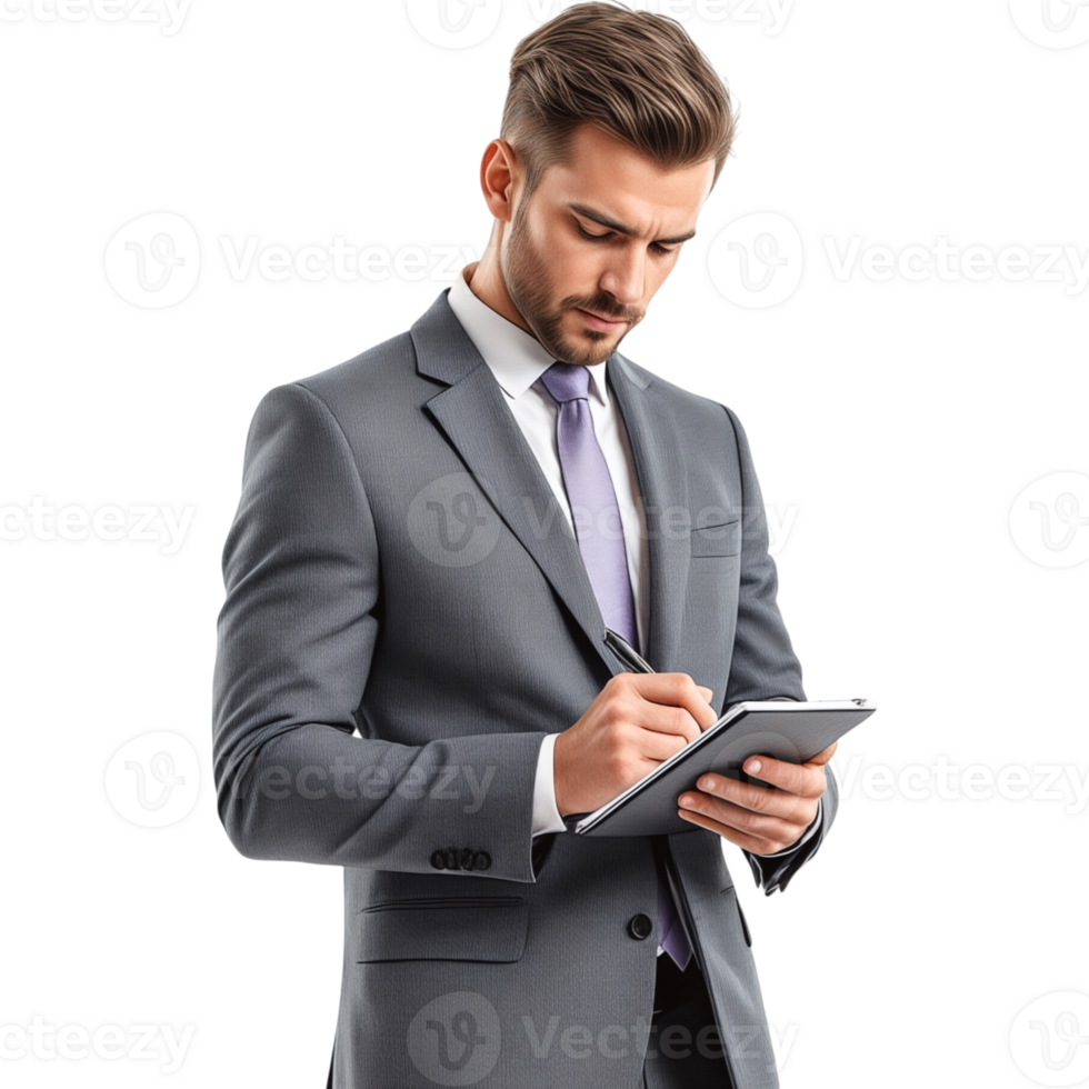 Focused Businessman Writing on Tablet with Pen in Hand png