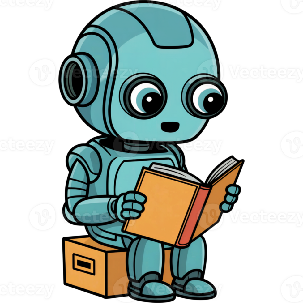 Teal Robot Holding and Reading a Tan Book png