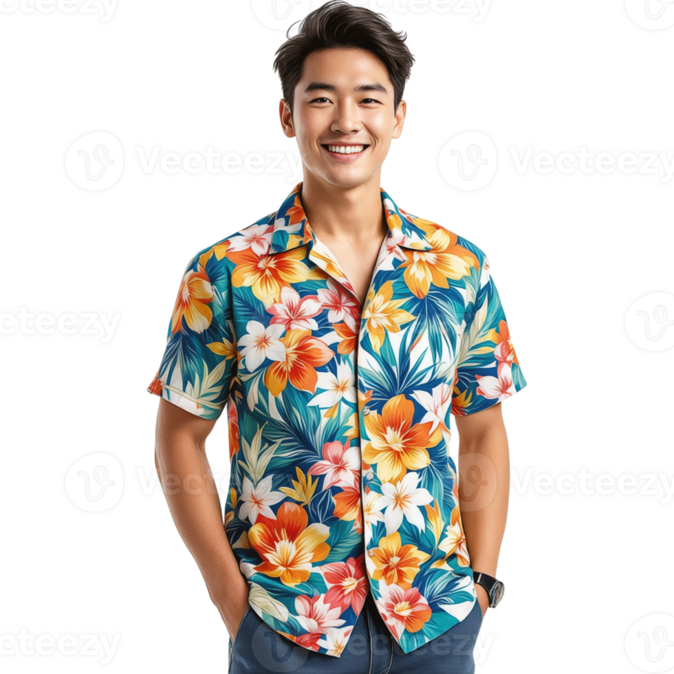 Cheerful Man in Green Floral Hawaiian Shirt png
