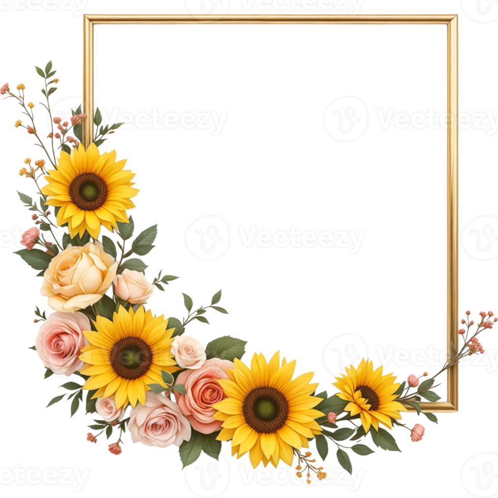 Rectangular Sunflower Decorated Frame with Golden Border png
