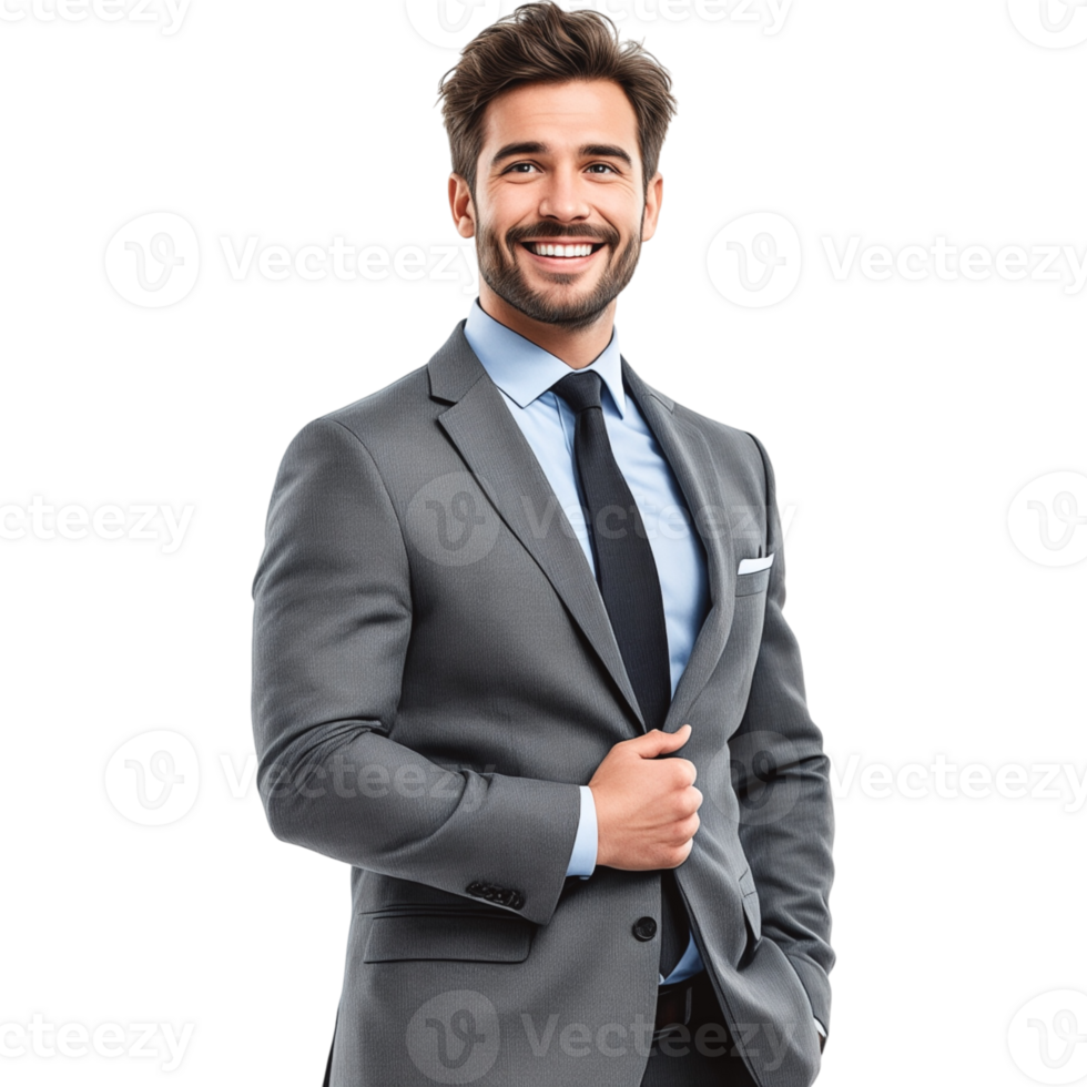 Smiling Caucasian Businessman in Dark Suit with Hand in Pocket png