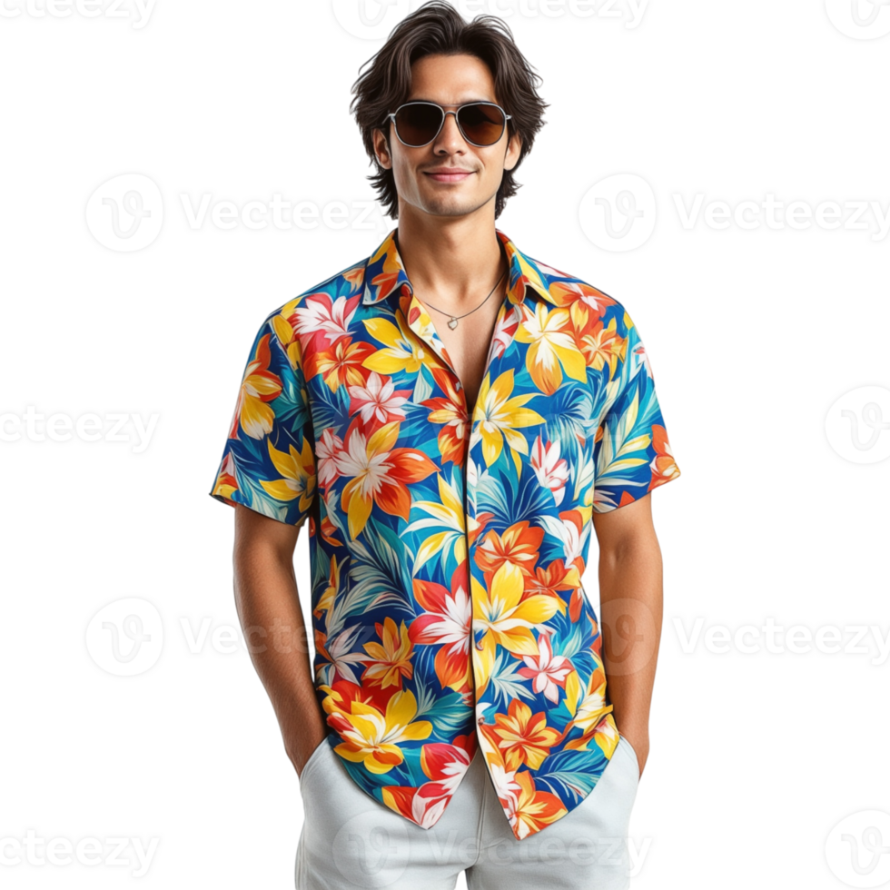 Man in Sunglasses and Blue Floral Shirt png
