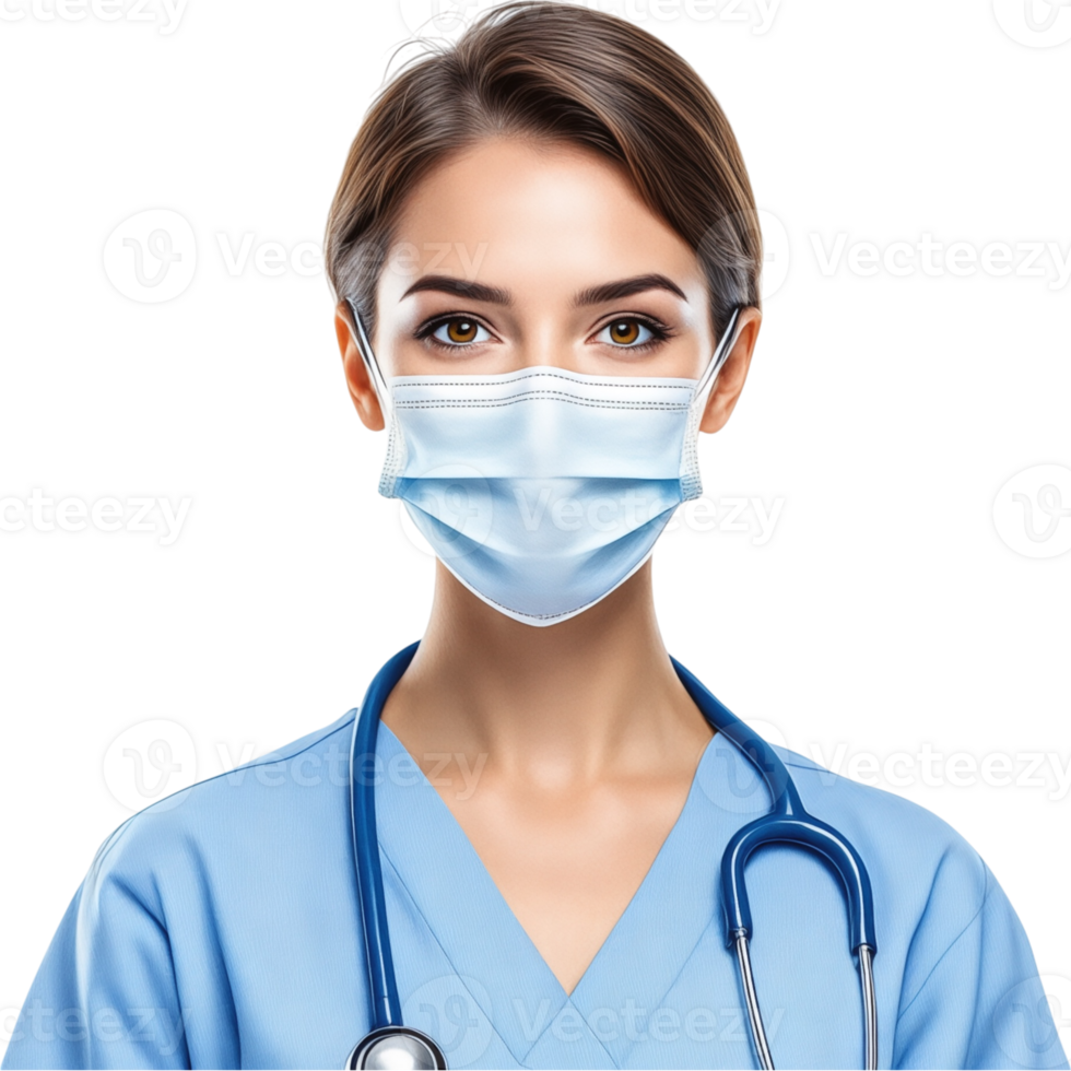 Nurse with Stethoscope and Surgical Mask Looking Directly at Viewer png