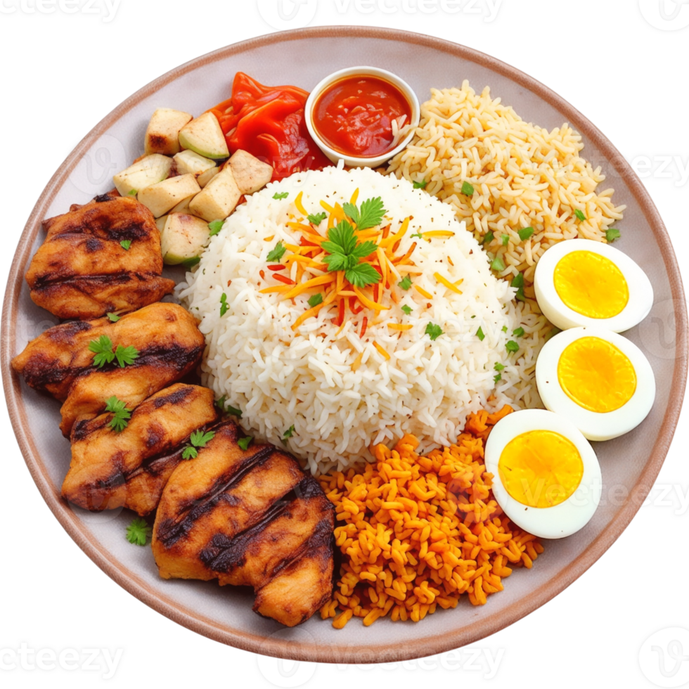 Grilled Chicken Rice Plate with Fried Tempeh and Boiled Eggs png