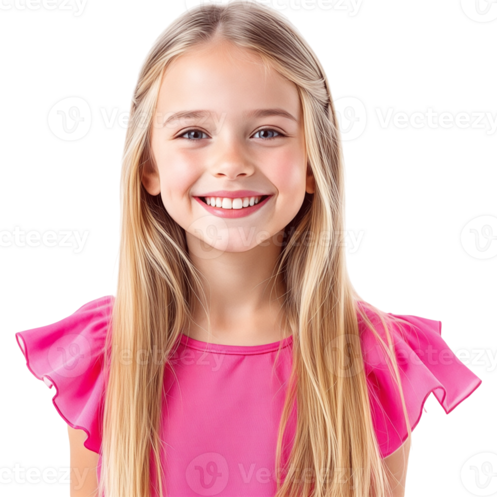 Smiling Young Girl with Pink Top and Shoulder Length Hair png