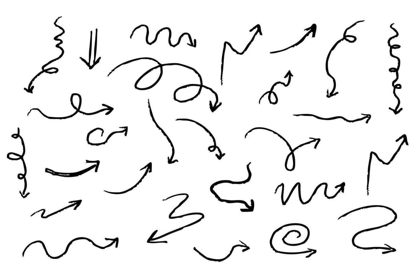 Arrow crayon chalk hand drawn doodle grunge line set. Cursor scribble wavy swirl, comic simple element. Spiral textured direction pointer. vector