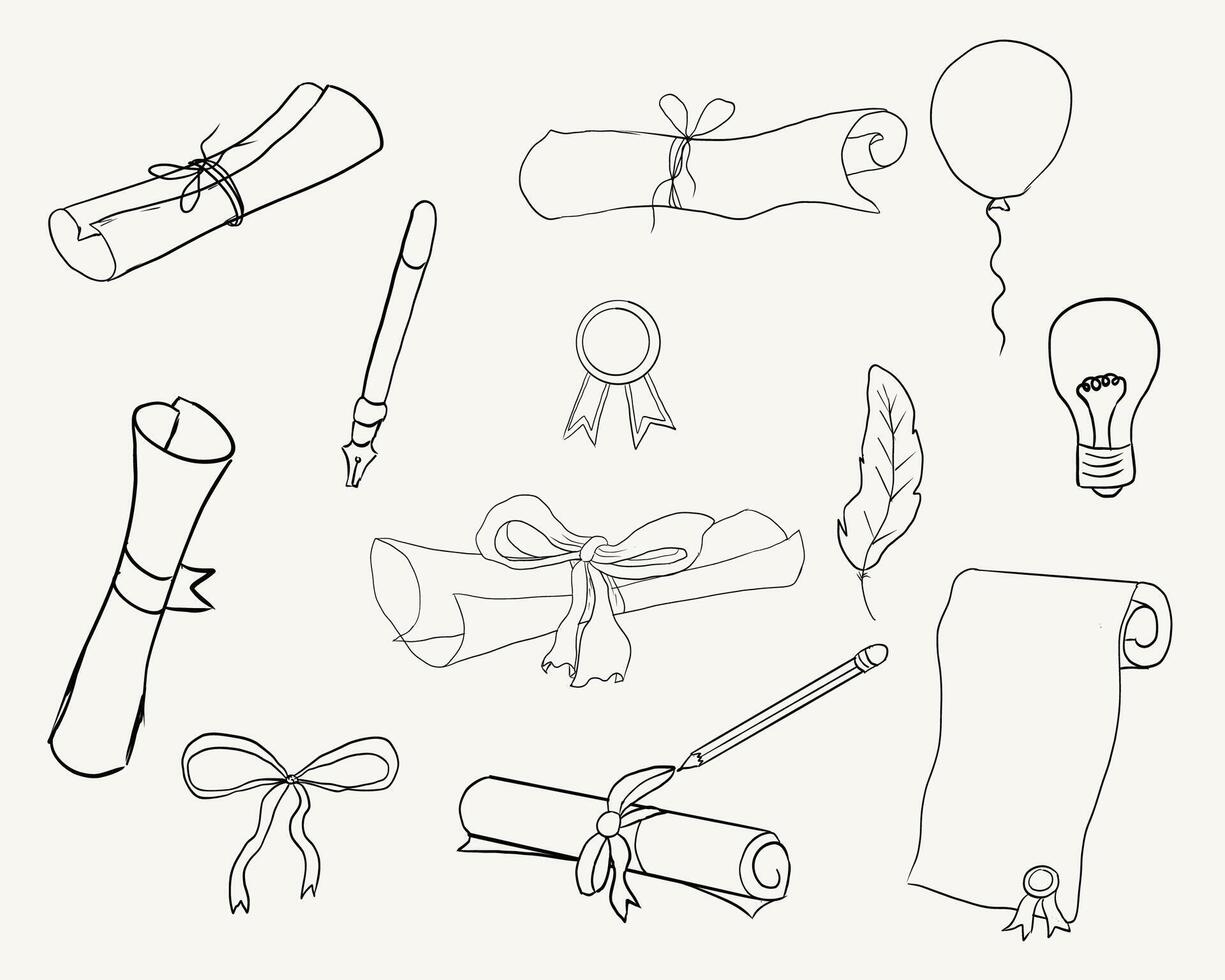 Graduation paper roll, diploma certificate doodle line. University document of graduate and degree hand drawn outline. Graduation hats sketch vector