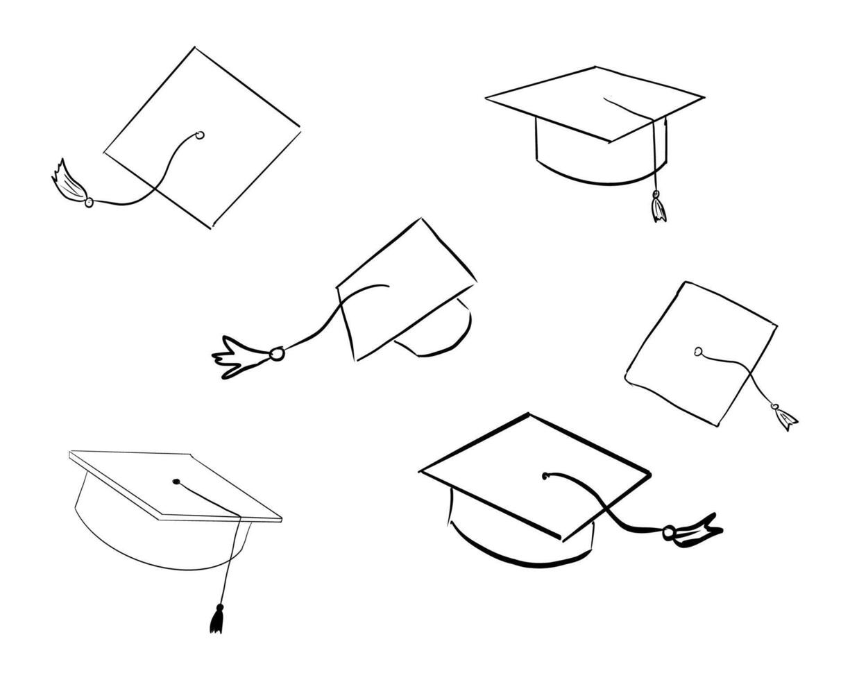 Graduation hat doodle line. University Cap of graduate and certificate degree hand drawn outline. Graduation hats sketch vector