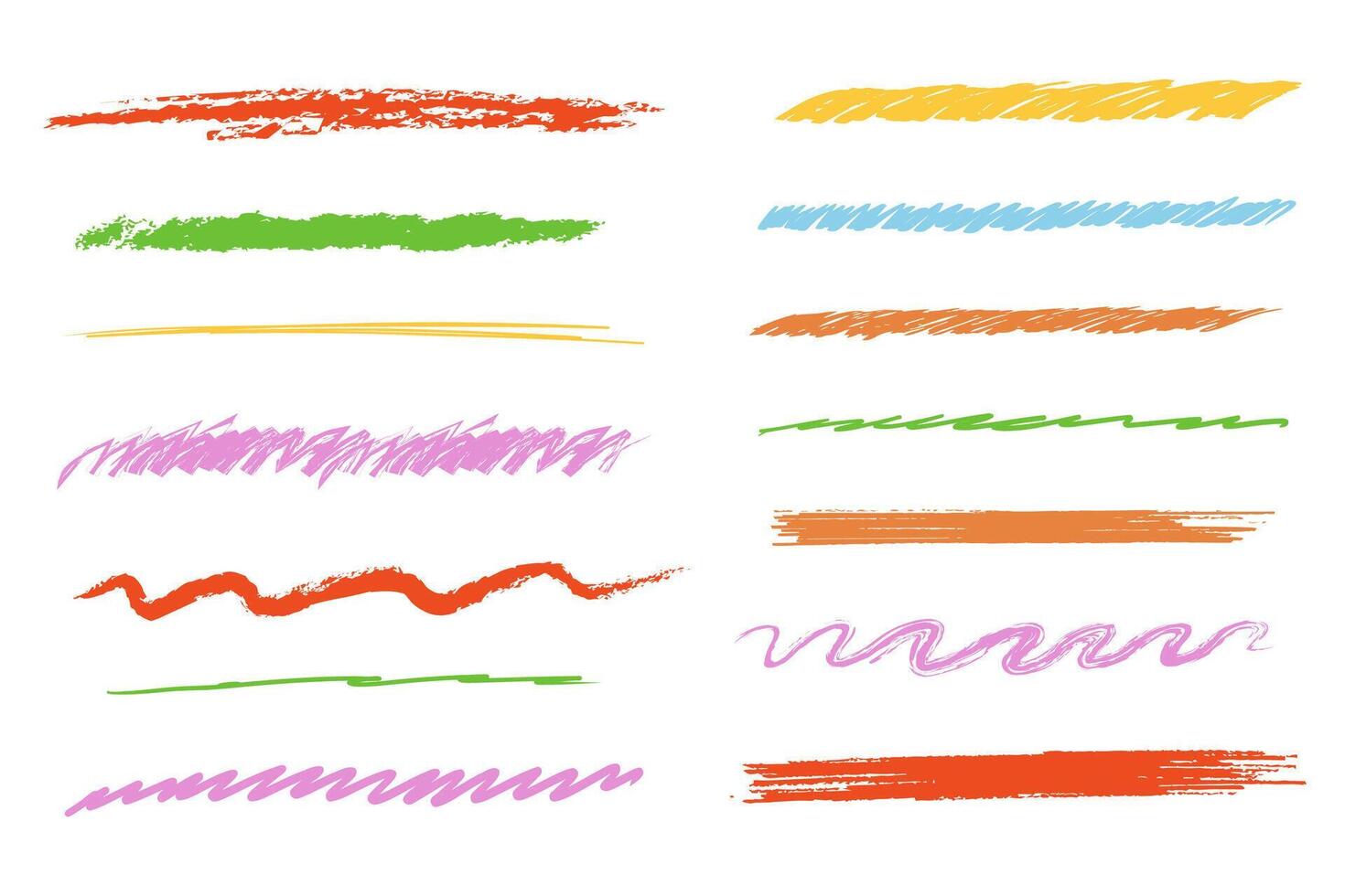Crayon underline stroke brush mark, grunge textured hand drawn sketch border, divider. Pastel colored scribble highlight charcoal rough. vector