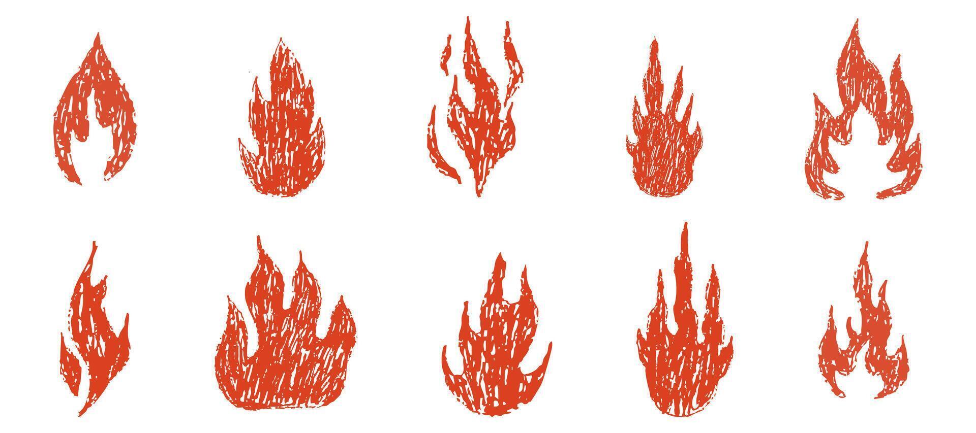 Fire flame grunge hand drawn chalk. Tattoo abstract y2k vintage simple shape. Crayon drawn red flame icon. Graffiti doodle. vector