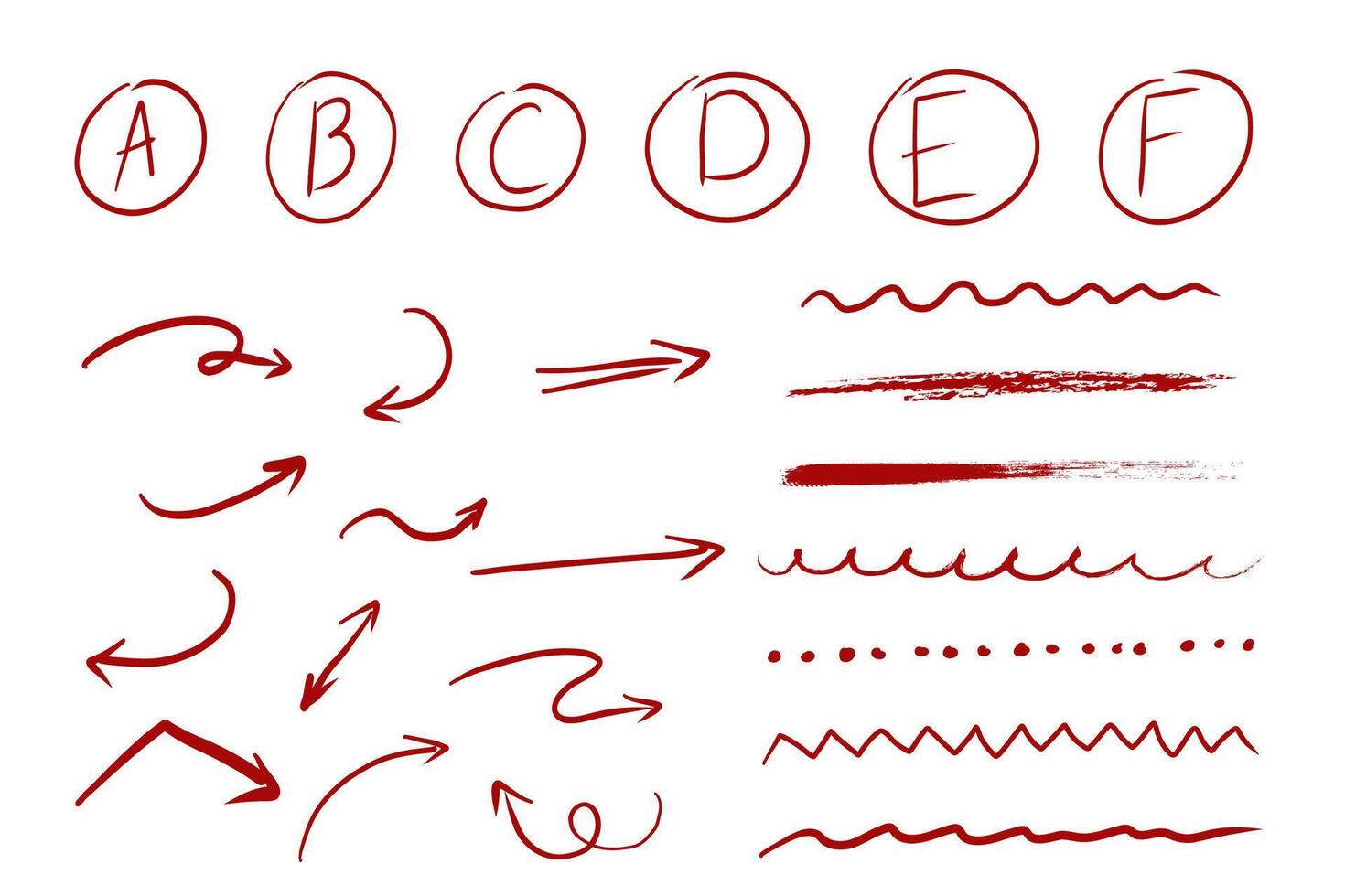 Red arrow mark hand drawn sketchy paintbrush, swirl arrows set, doodle highlight mark or check. Grunge stroke. Important sign. vector