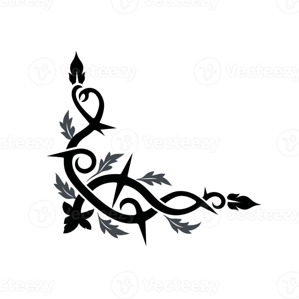 Elegant black and gray tribal design intricately weaves spiky vines and delicate leaves in a corner pattern cutouts png