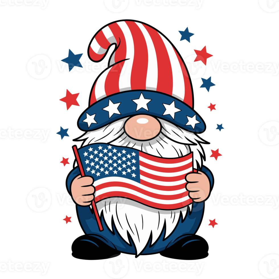 A whimsical gnome is dressed in a hat adorned with the American flag's stars and stripes while holding a smaller flag version. cutouts png