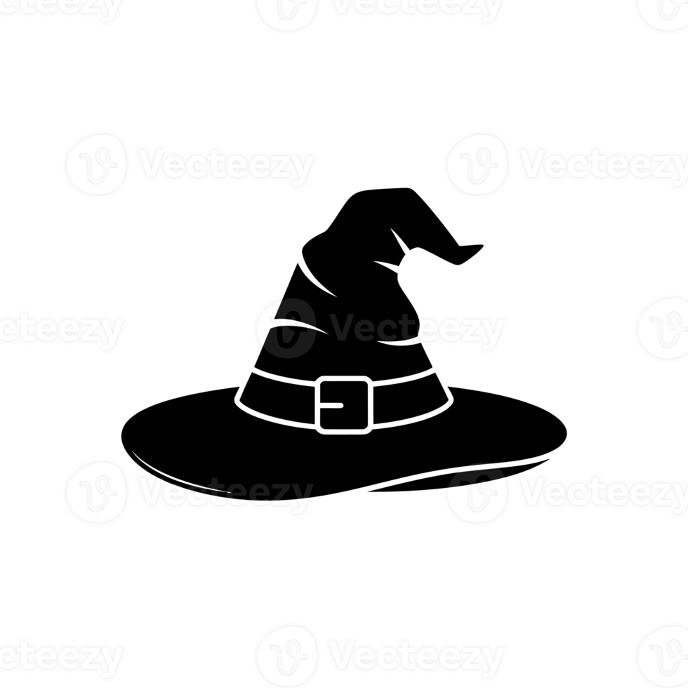 A black silhouette of a classic witch's hat with a buckled band cutouts png