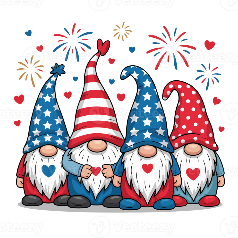 Four gnomes stand together, each wearing hats adorned with patterns of stars and stripes in red, white, and blue. cutouts png