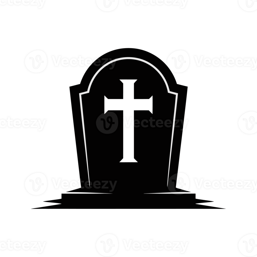 A black silhouette of a gravestone with a prominent white cross in the center. cutouts png