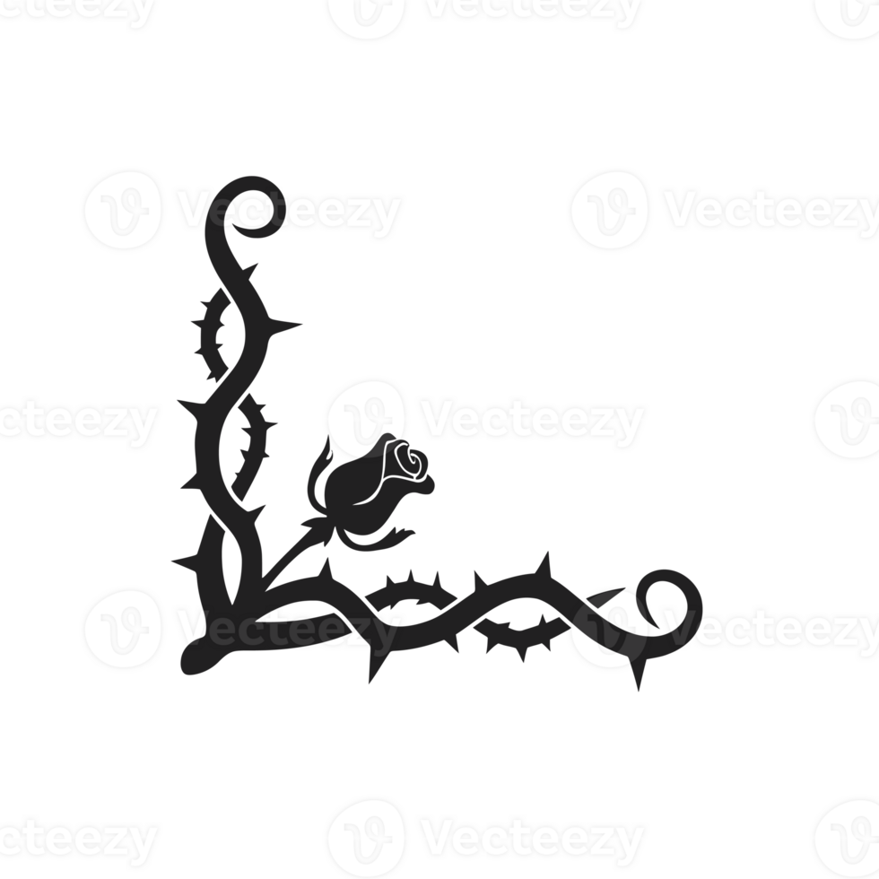 A black silhouette of a thorny vine forms a corner design, featuring a rosebud at its center. cutouts png