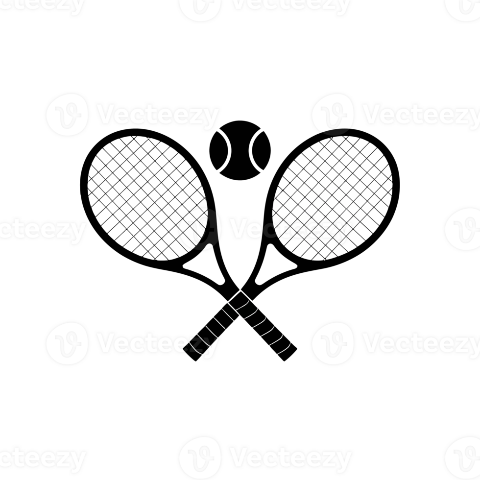 Two crossed tennis rackets are depicted with a tennis ball placed above them, all rendered in a black silhouette style cutouts png