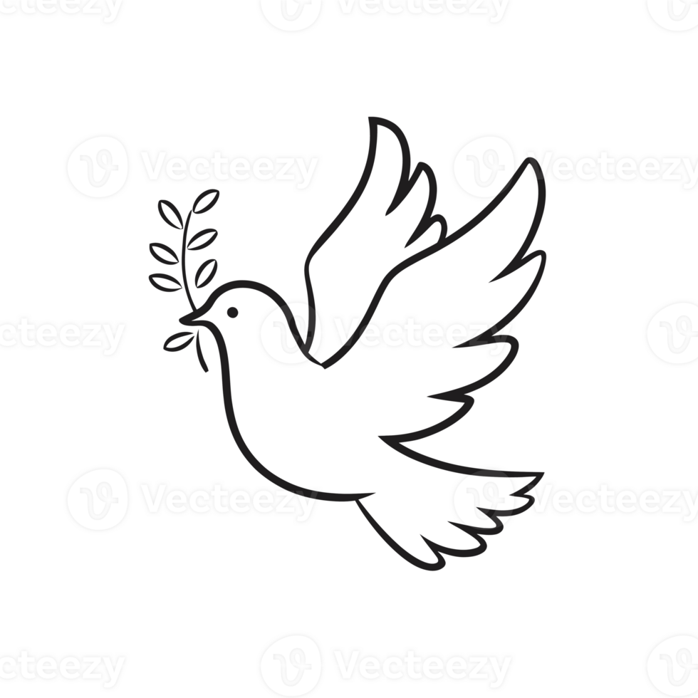 A simple line drawing depicts a dove gracefully flying while holding an olive branch in its beak. cutouts png