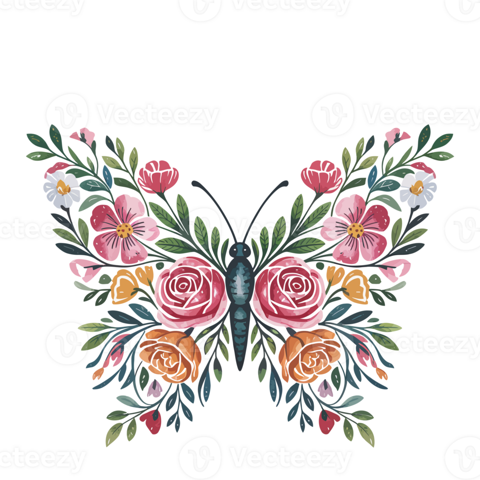 A butterfly is creatively composed of a variety of vibrant flowers and leaves, forming its wings with intricate floral patterns. cutouts png