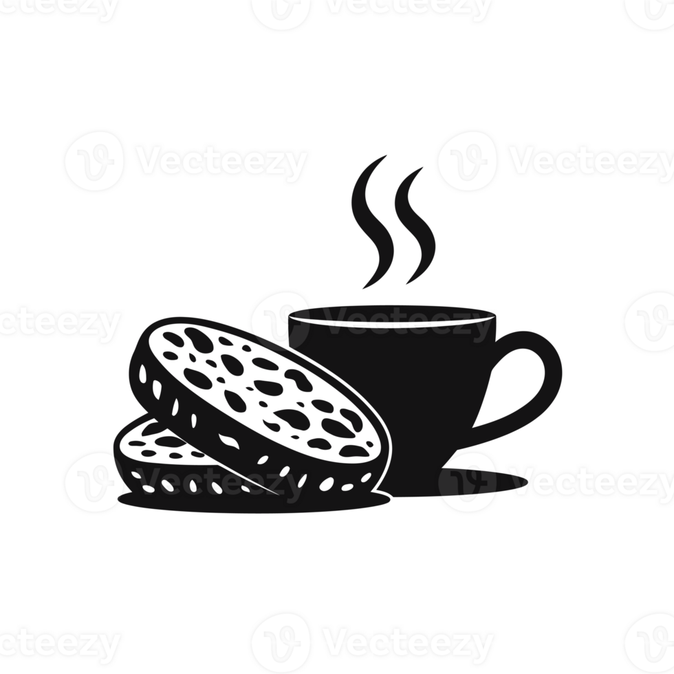 A steaming cup of coffee sits next to two sliced crumpets cutouts png