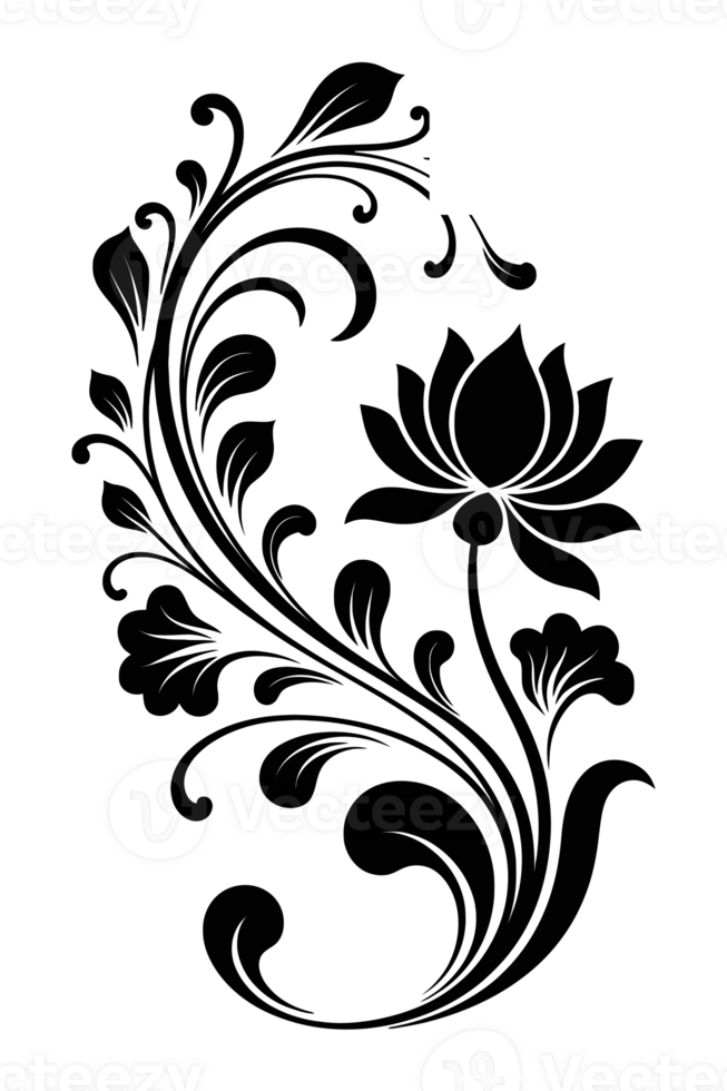 A decorative floral design features swirling vines and leaves, with a prominent lotus-like flower on one end. cutouts png
