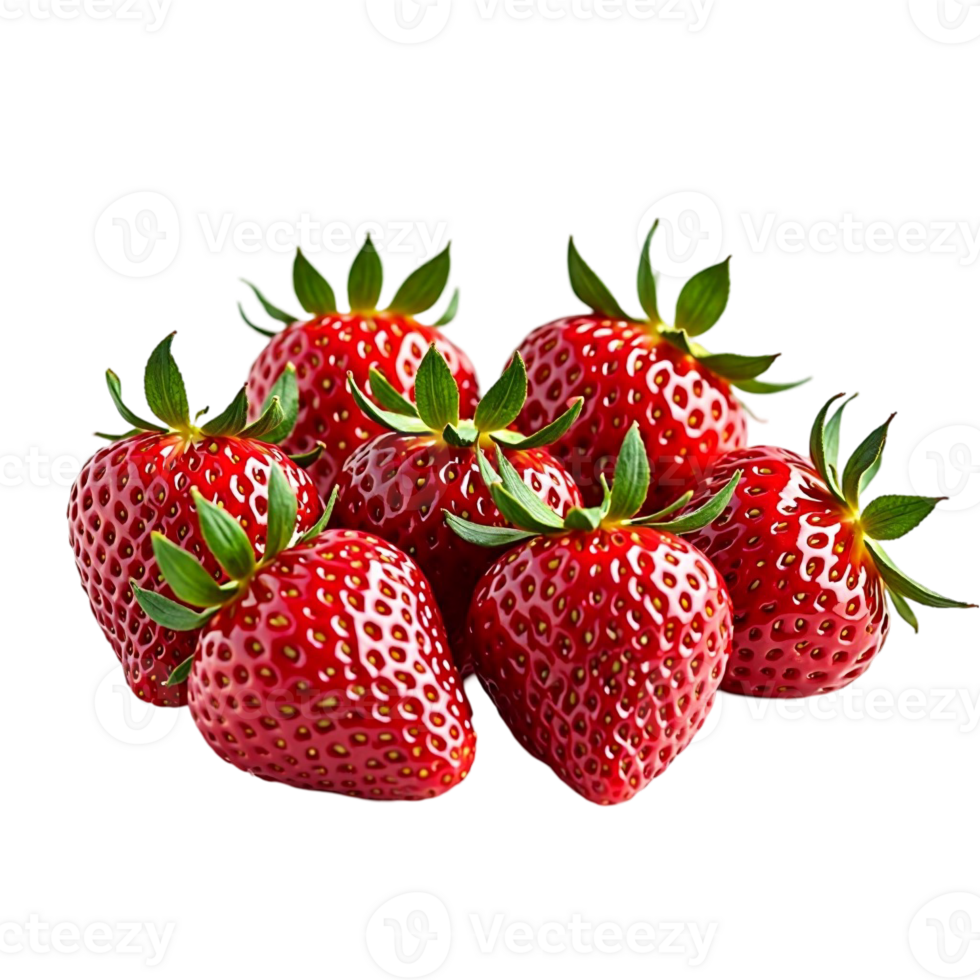 A pile of vibrant red strawberries is arranged with their green leaves visible, set against a plain cutouts png