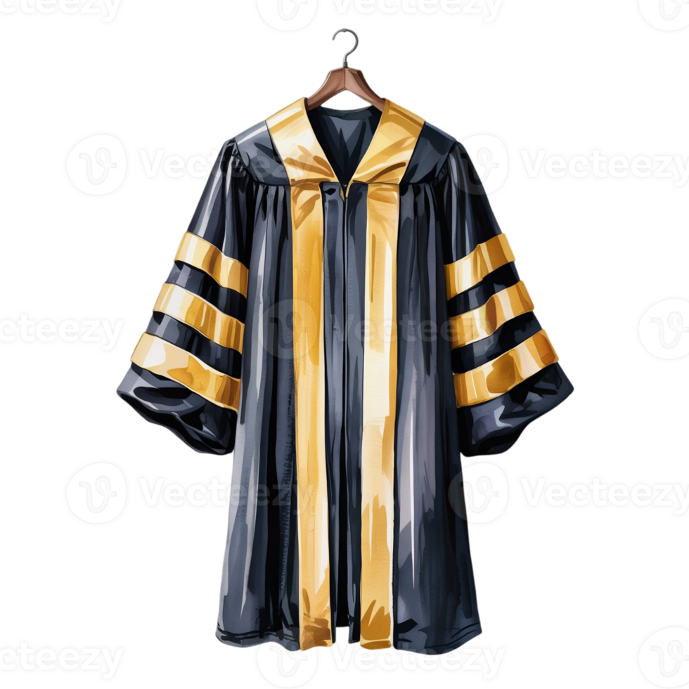 A traditional academic gown with gold and black colors is displayed on a hanger, featuring three velvet bars on the sleeves cutouts png