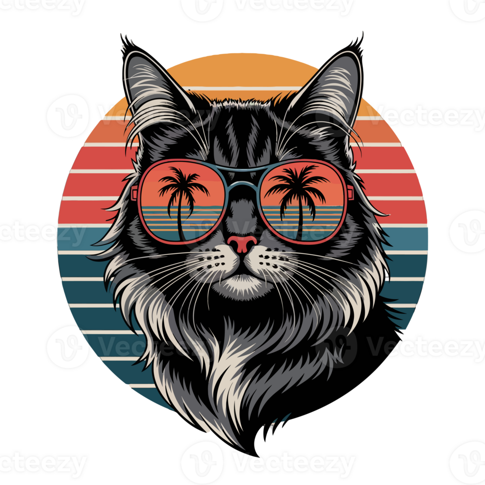 A stylish cat wears sunglasses reflecting a sunset with palm trees, set against a background of retro-colored stripes cutouts png