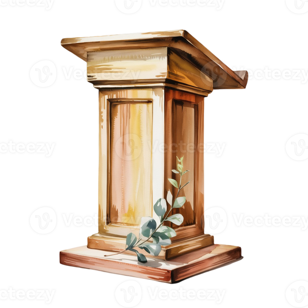 A wooden podium stands prominently with a leafy branch resting against its base, showcasing a blend of natural elements cutouts png