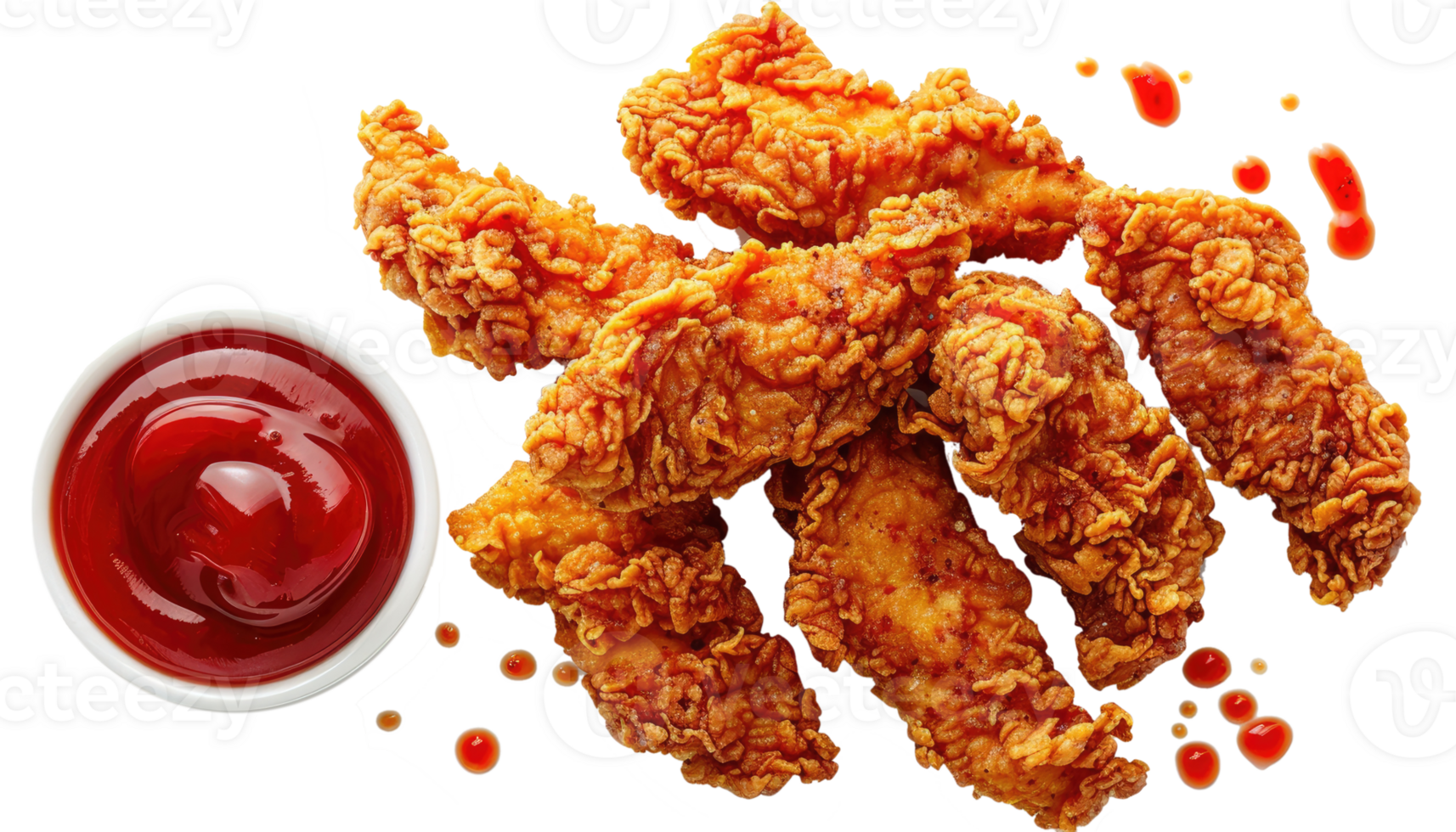 Crispy fried chicken tenders served with a small bowl of red dipping sauce, perfect for snacking or as a meal accompaniment. png