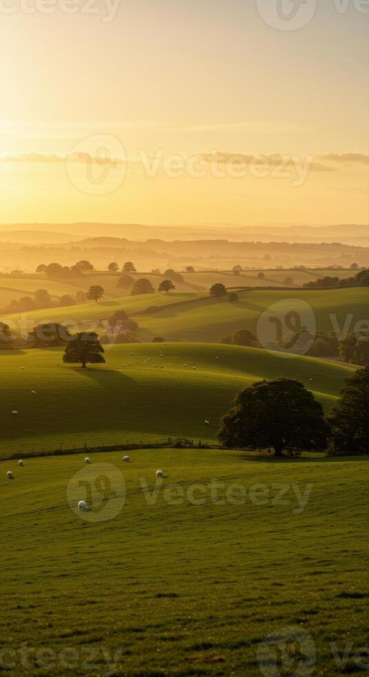 The golden sun bathes rolling hills, a tranquil scene with grazing sheep and scattered trees. photo