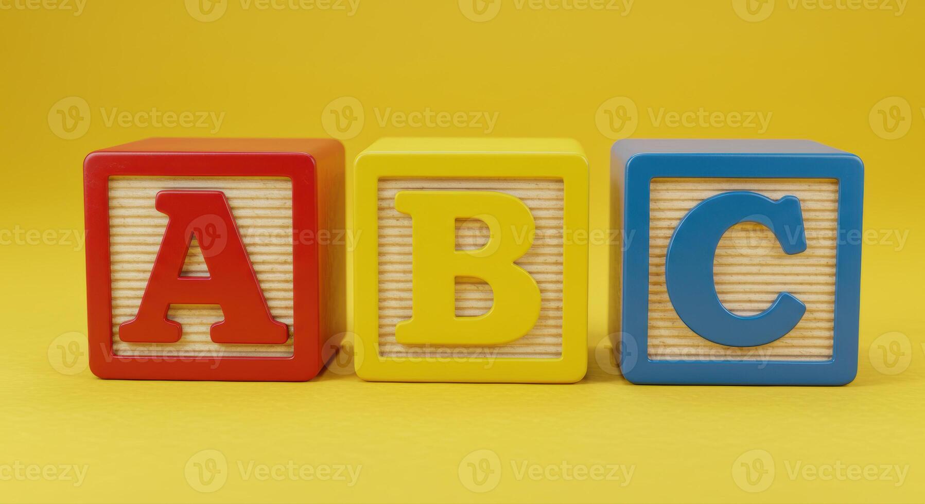 Three colorful alphabet blocks displaying the letters A, B, and C. photo