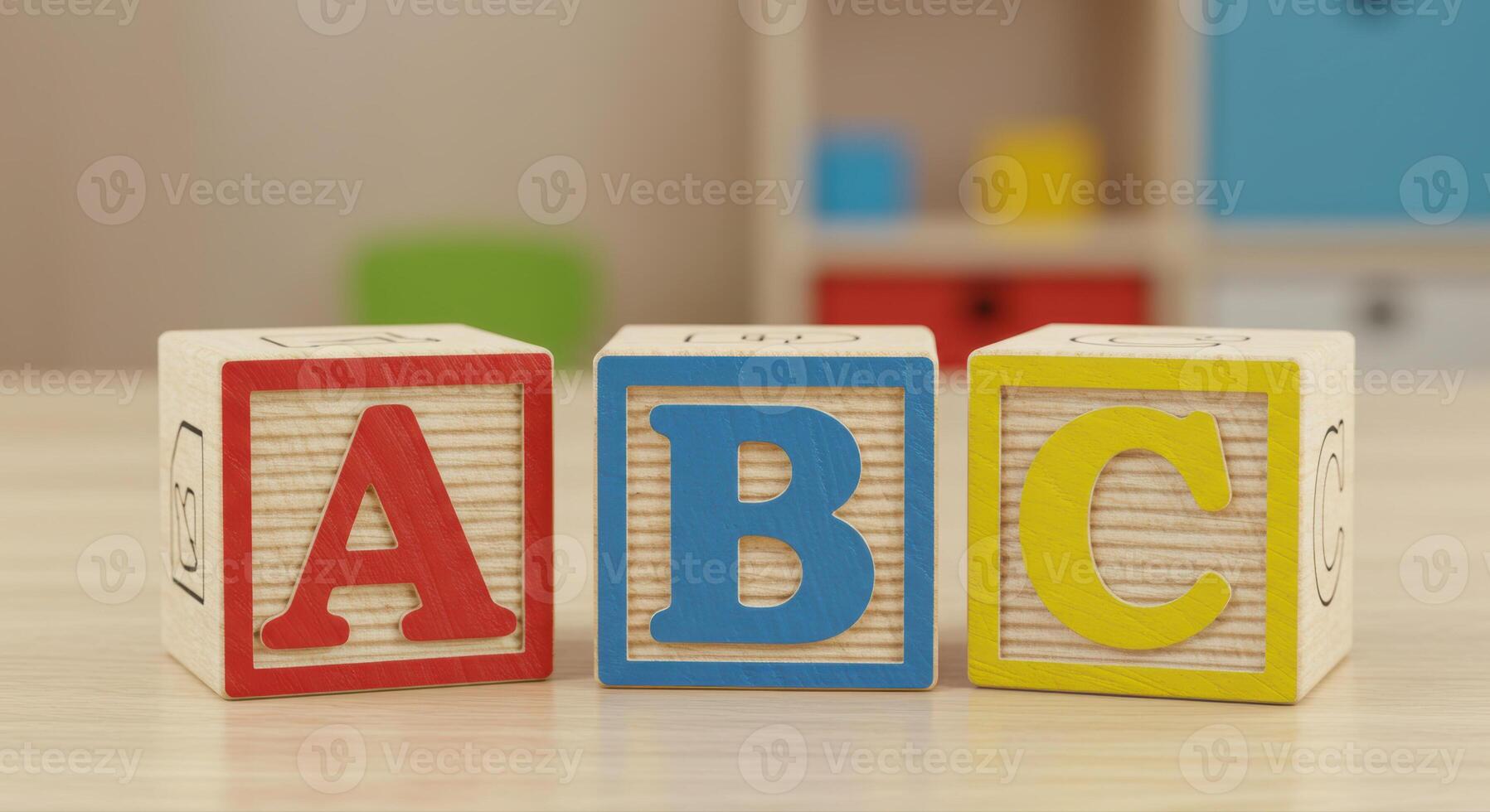 Three colorful wooden blocks spell out the letters a, b, and c in a playful scene. photo