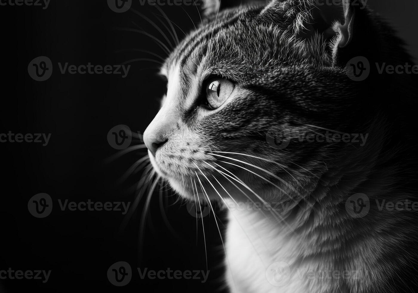 A stunning black and white portrait captures a detailed profile of a cat in a moment of stillness. photo