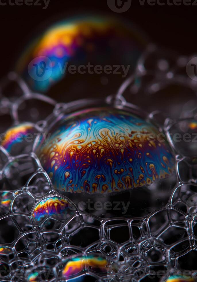 Intricate soap bubbles display vibrant iridescent colors in a captivating close up. photo
